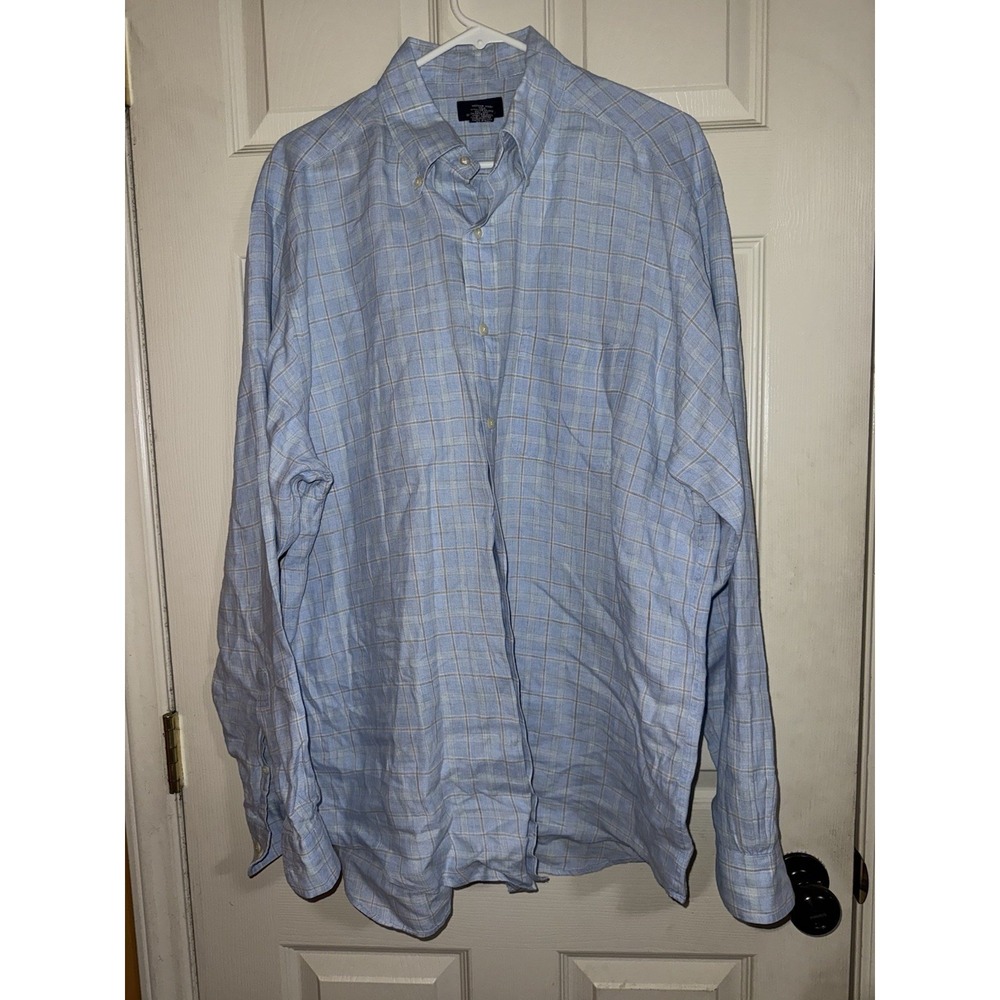 Brooks Brothers‎ 346 Linen Long Sleeve Button Shirt Aqua Plaid Large